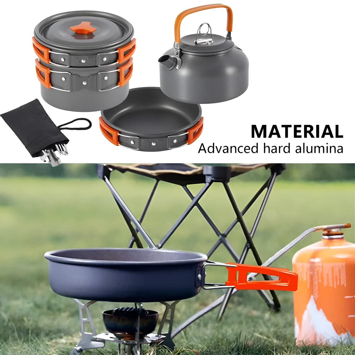 Orange folding camping cookware set with aluminium pot, small pot, frying pan, and food-grade PP bowls arranged on a mesh bag