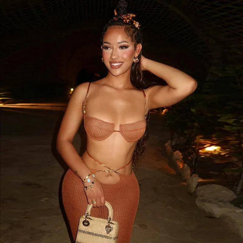 See-through bikini skirt suit for women in black with long polyester skirt and sleeveless top