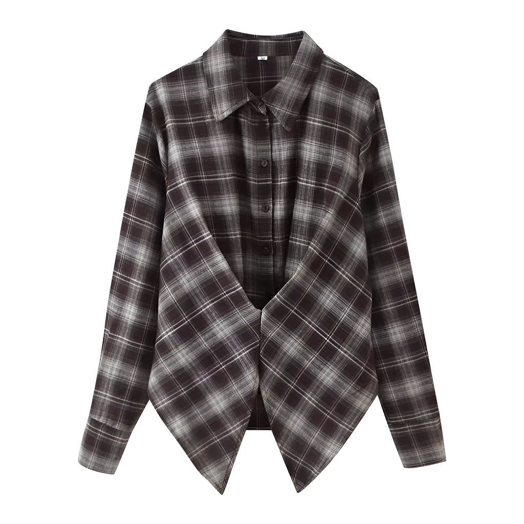Women's loose lapels long sleeves plaid shirt in picture colour with button detail and plant flower pattern