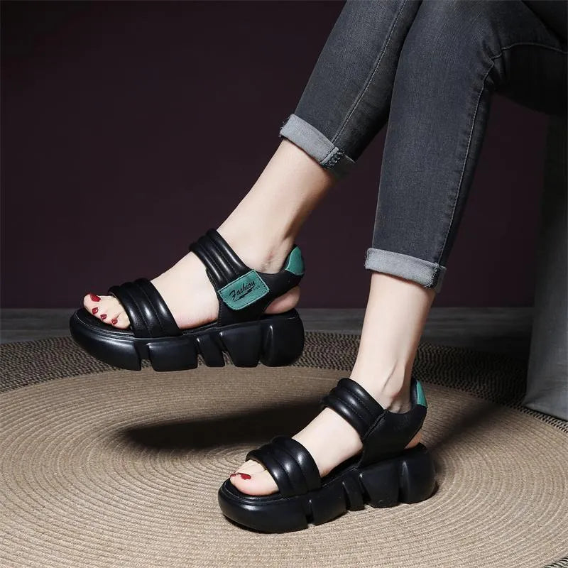 Open toe round head platform wedge sandals with velcro strap, microfiber upper, non-slip rubber sole, available in beige