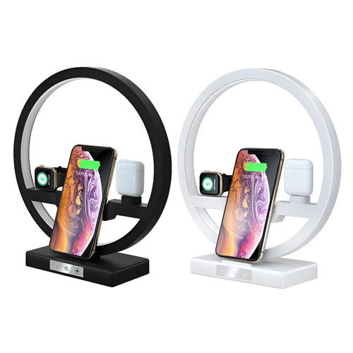 3 in 1 wireless charger bracket for mobile phone watch headset with ring light table lamp in black