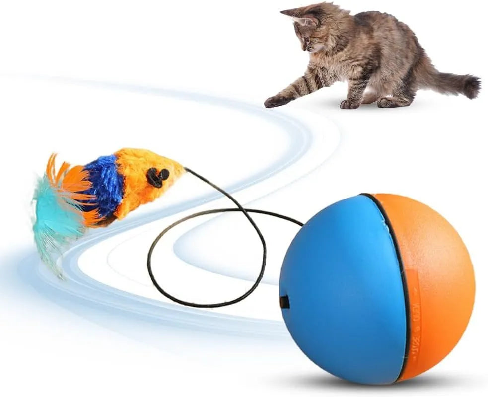 Blue orange and grey automatic rolling electric ball toy for cats and dogs on a hardwood floor