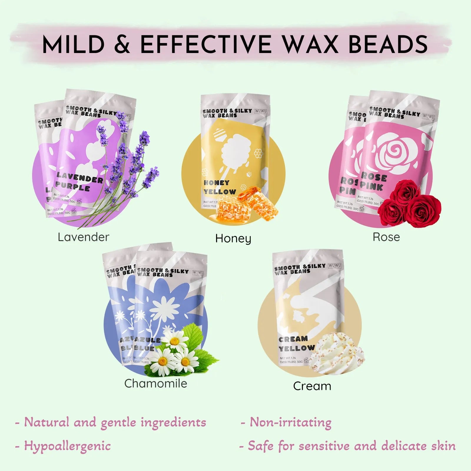 WUWUVISTA hard wax hair removal kit with pink wax warmer, wax beans, lotion, and applicator sticks