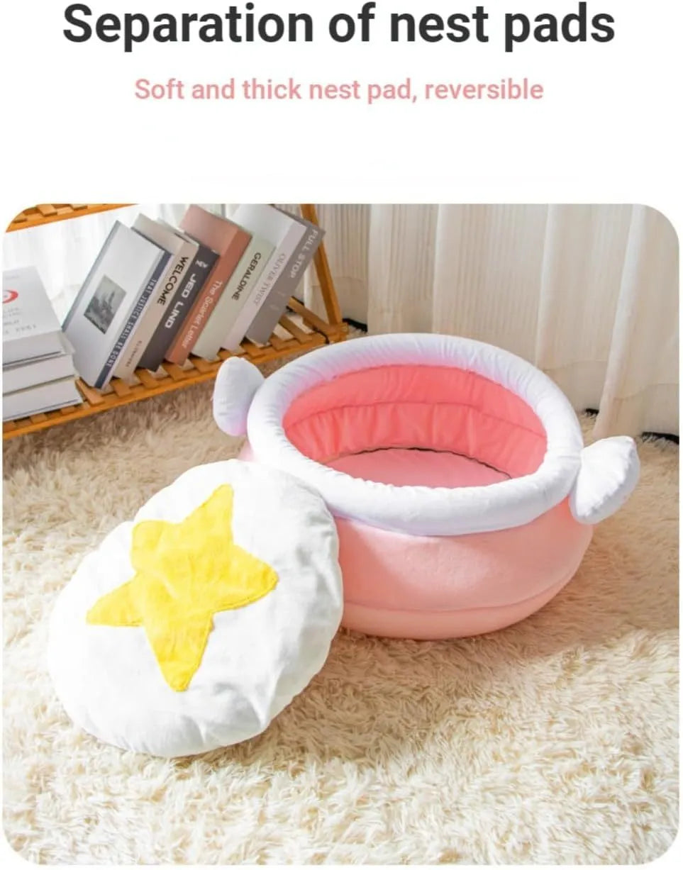 Pink honey pot shaped cat sofa bed with soft fleece and a removable cushion for small pets.