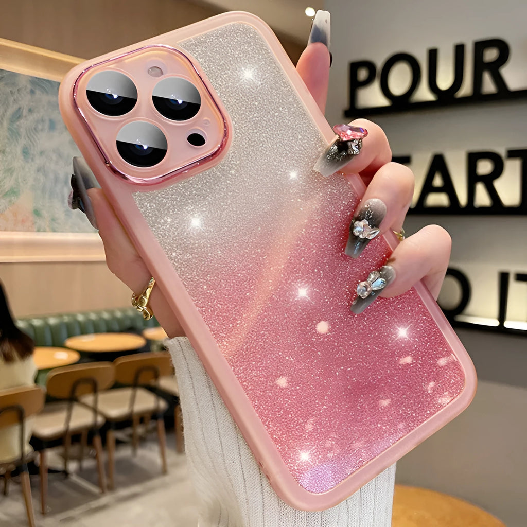 Transparent glitter iPhone case with gradient finish and magnetic suction feature