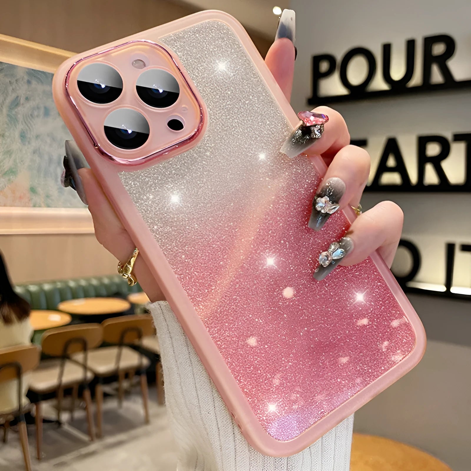 Transparent glitter iPhone case with gradient finish and magnetic suction feature