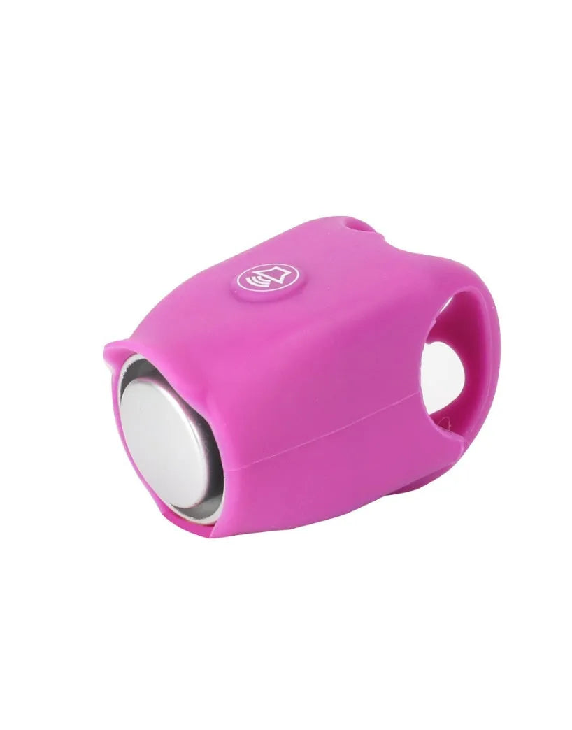 Bicycle electronic horn with plastic casing in multiple colours including black, green, purple on bicycle handlebars