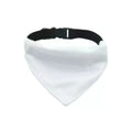 Blank white polyester dog scarf bandana for custom thermal transfer printing, shown in four sizes.