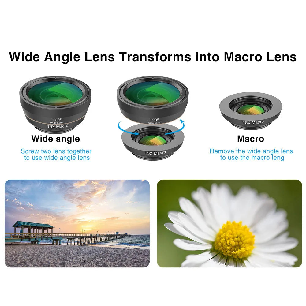 Black 6-in-1 smartphone camera lens kit with fisheye, wide-angle, telephoto, CPL, and star filter lenses and a universal clip.