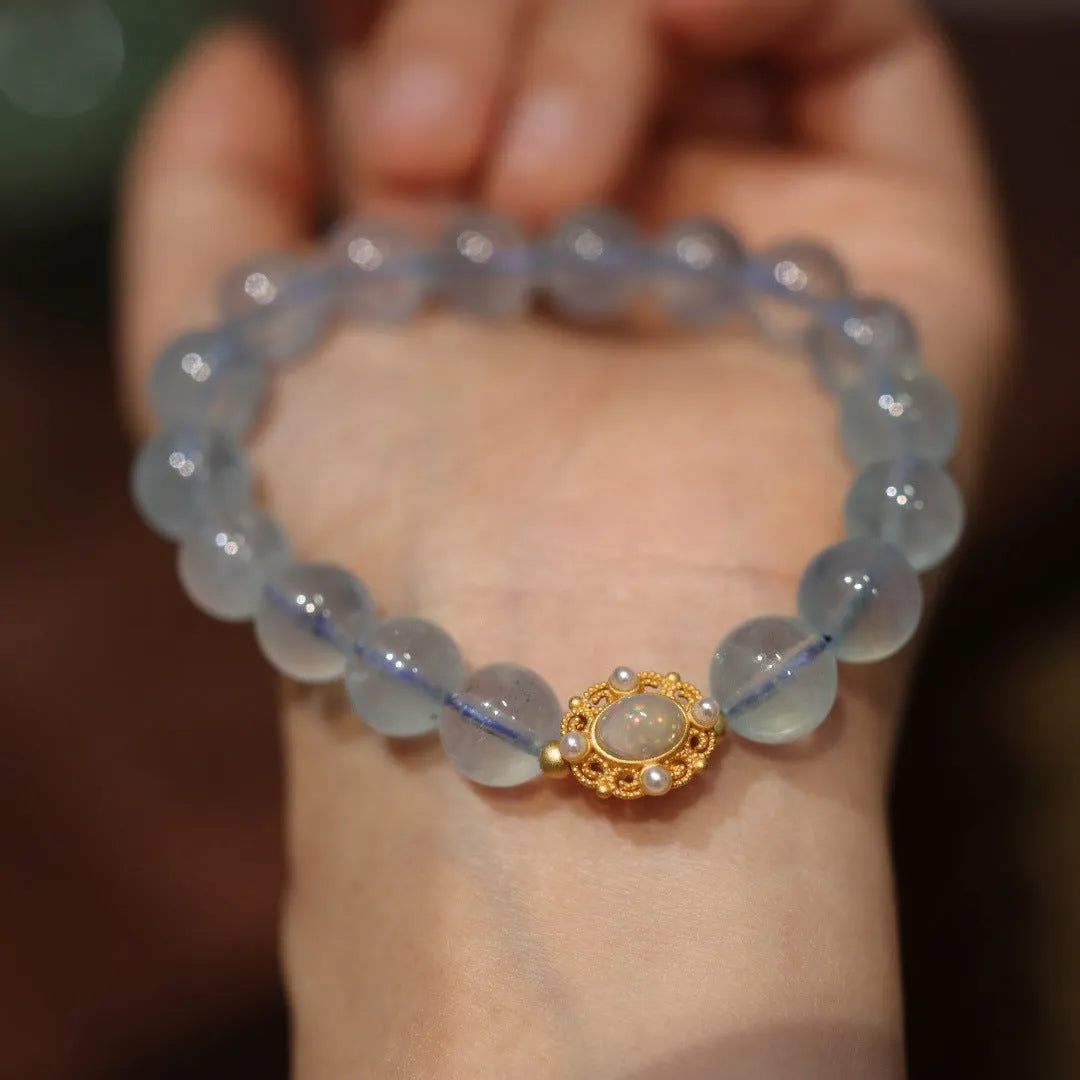 Aquamarine beaded bracelet with Chinese fengjiu fox charm in pearl or pink crystal colour variations
