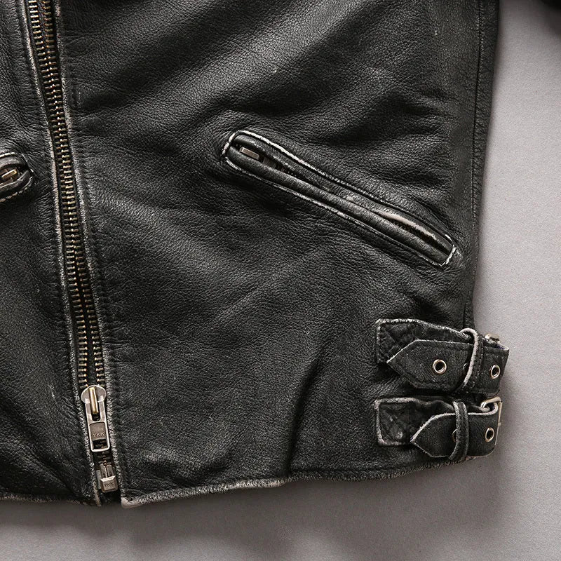 Men's distressed black cropped slim standing collar leather jacket with top layer cowhide