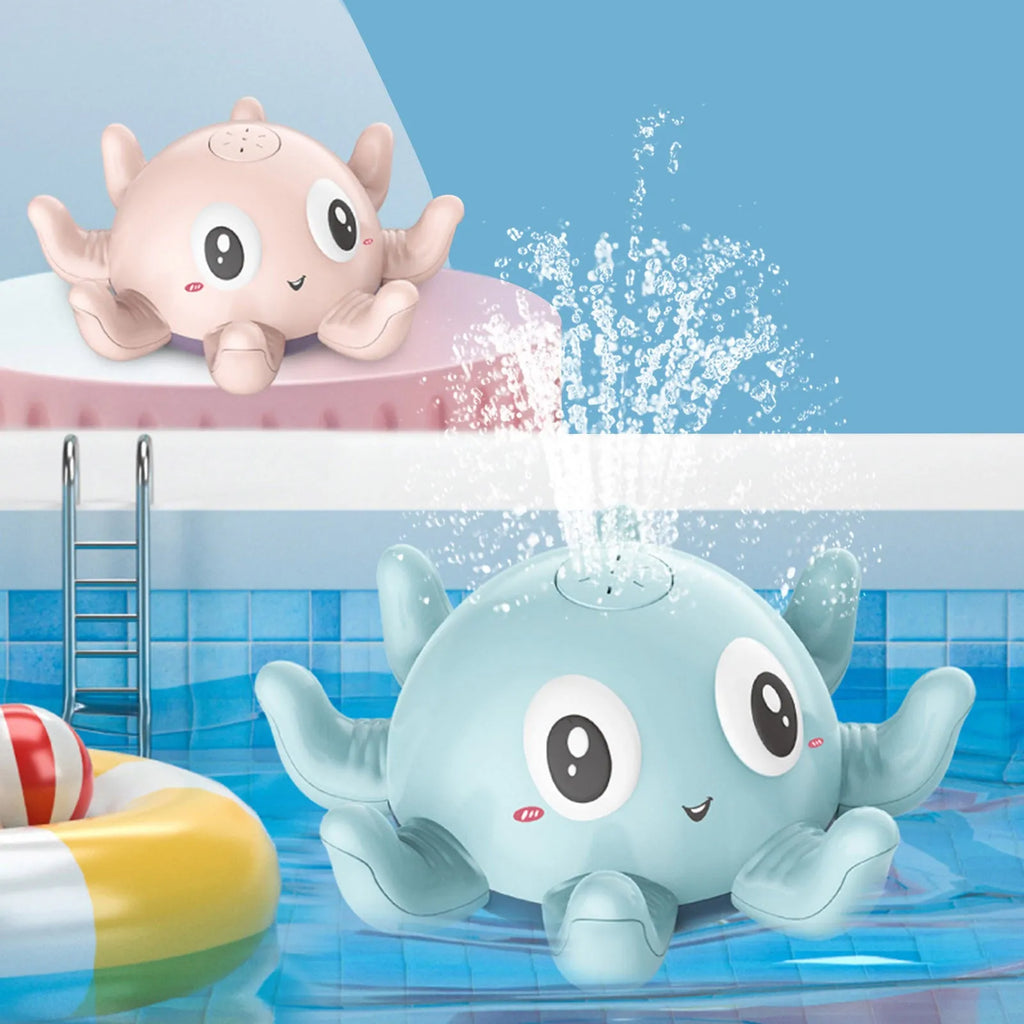 Blue octopus-shaped children's bath toy that automatically sprays water and flashes lights.