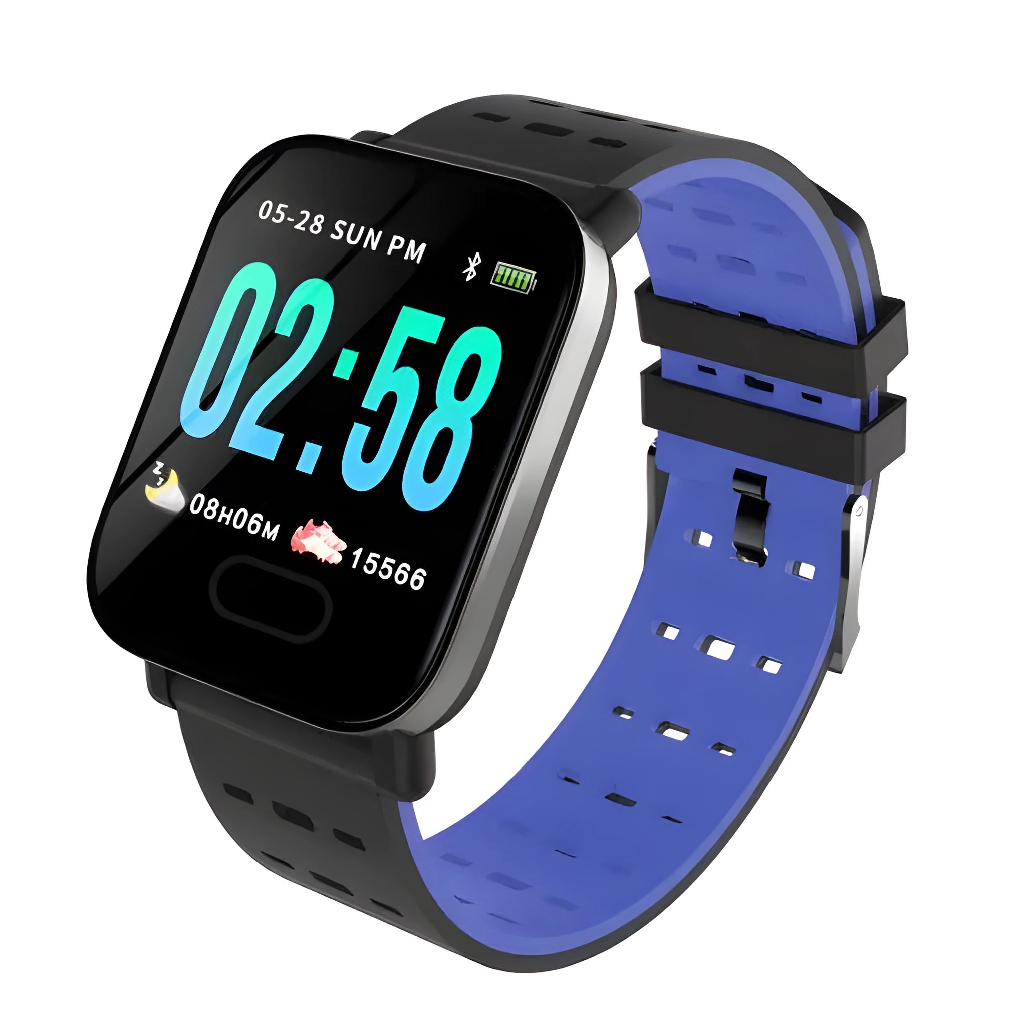 A6 smart bracelet with colour screen and silicone strap in blue, showing the zinc alloy case.