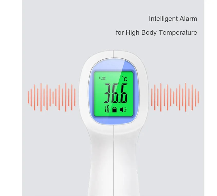 White non-contact infrared forehead thermometer RAK-FI03 on a plain background showing the sensor and display
