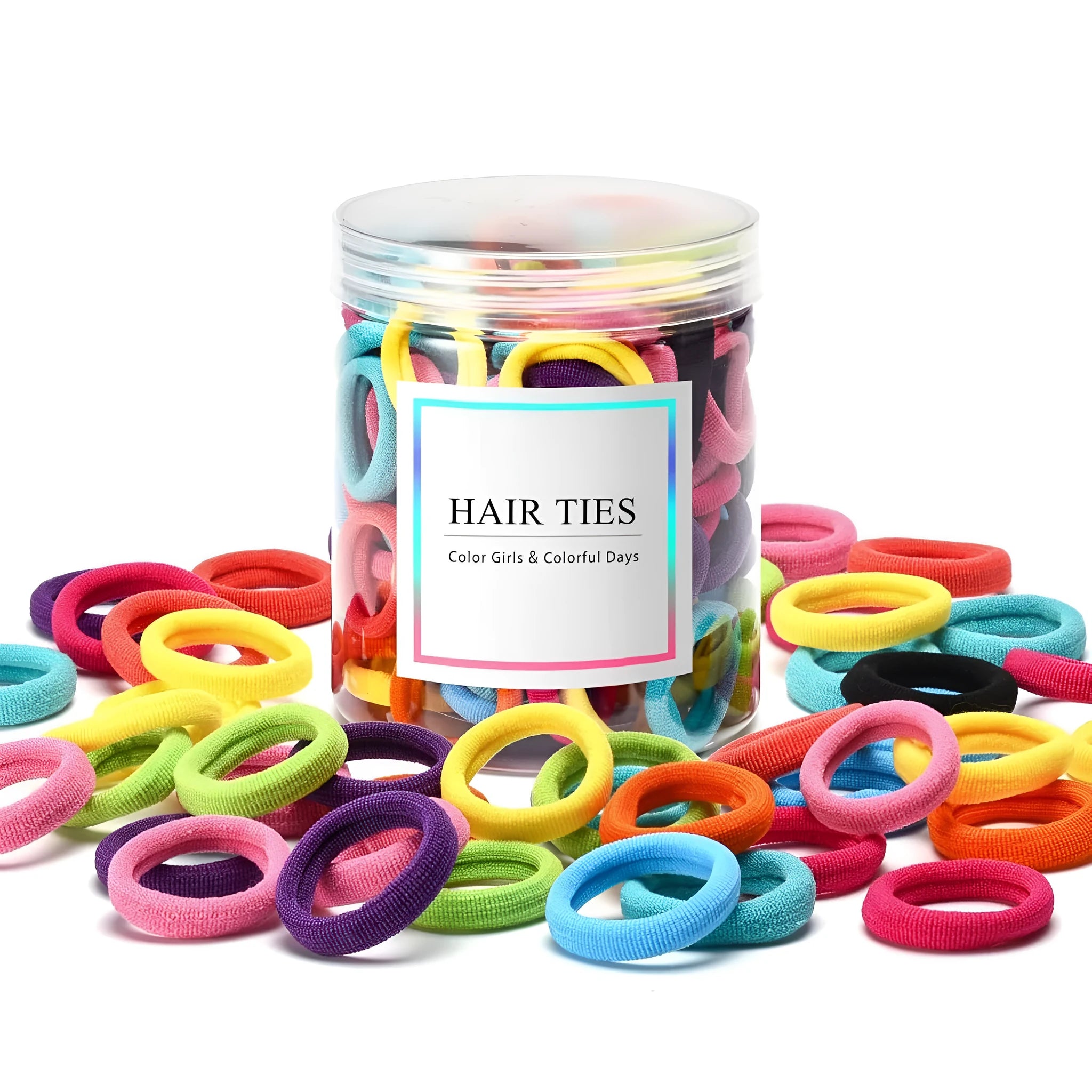 100 multicolour seamless cotton baby hair ties in a jar, shown next to a toddler's ponytail.