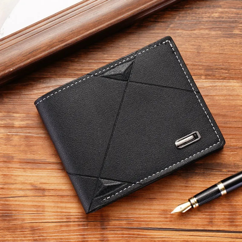Men's thin three-fold horizontal wallet showing multiple card slots in soft PU leather