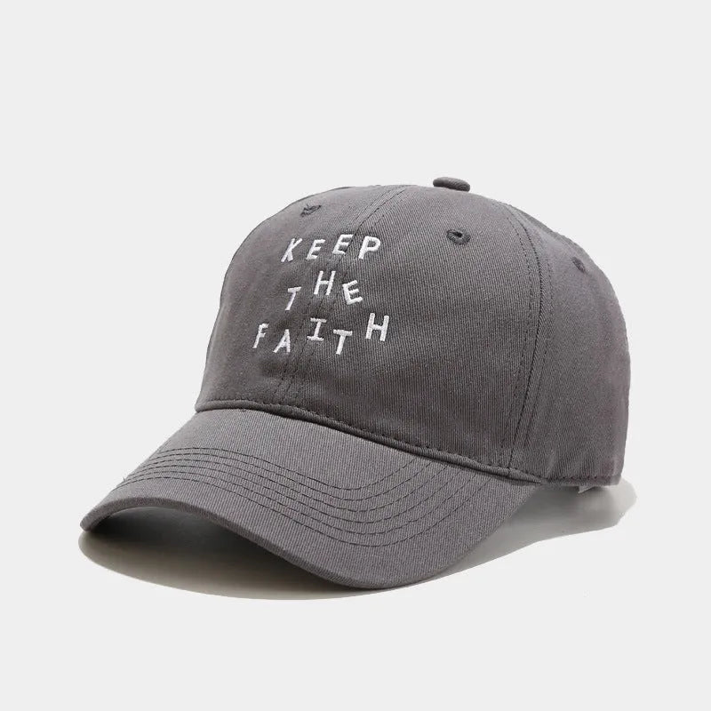 Men's beige cotton baseball cap with small black letter embroidery on front