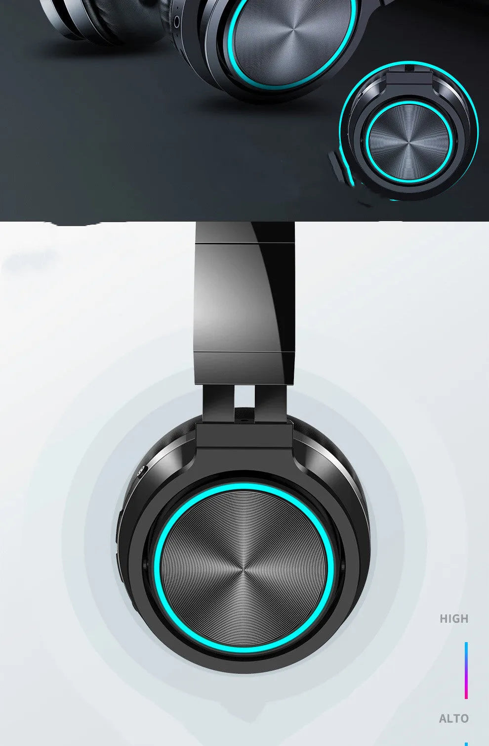 Wireless folding headset with Bluetooth 5.0 showing black, black and red, and white and grey colour variants