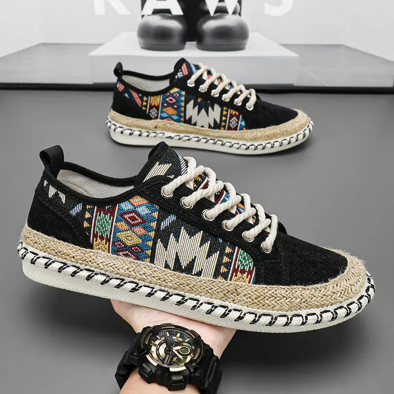 Men's casual summer shoes in breathable cloth with round toe design in black or beige
