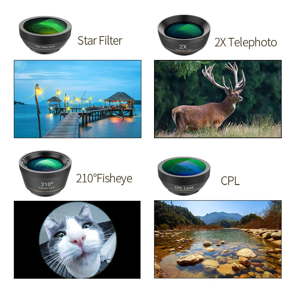 Black 6-in-1 smartphone camera lens kit with fisheye, wide-angle, telephoto, CPL, and star filter lenses and a universal clip.