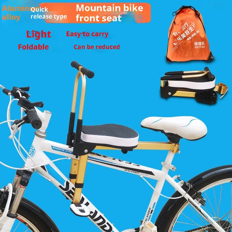Aluminium alloy front-mounted folding children's bicycle seat in yellow with handrail attached to an ordinary bike