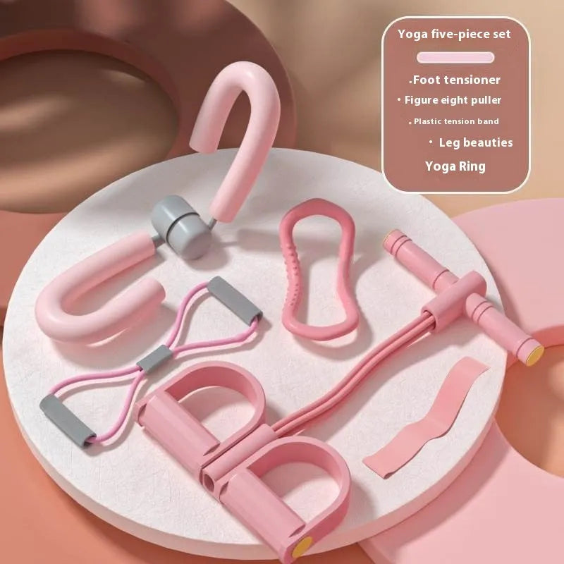 Yoga four piece fitness set showing leg stretcher, yoga ring, pedal device, and resistance ropes.