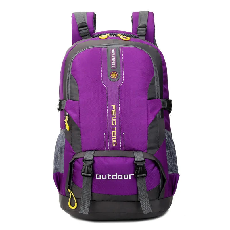 Waterproof outdoor backpack sports bag 34x55x20cm with ergonomic breathable back panel, available in five colours.