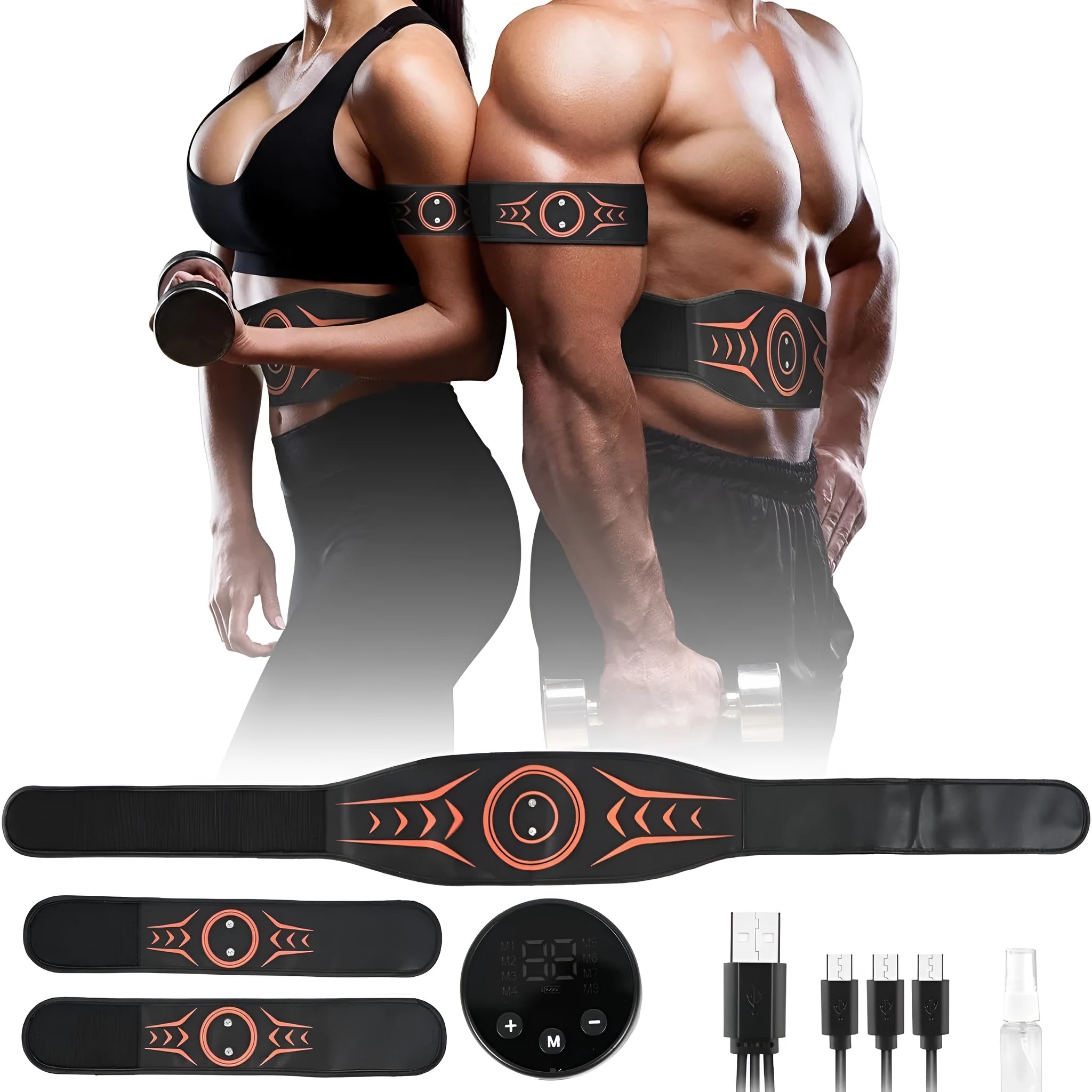 EMS massage belt with abdominal stickers and rechargeable host unit for muscle strengthening
