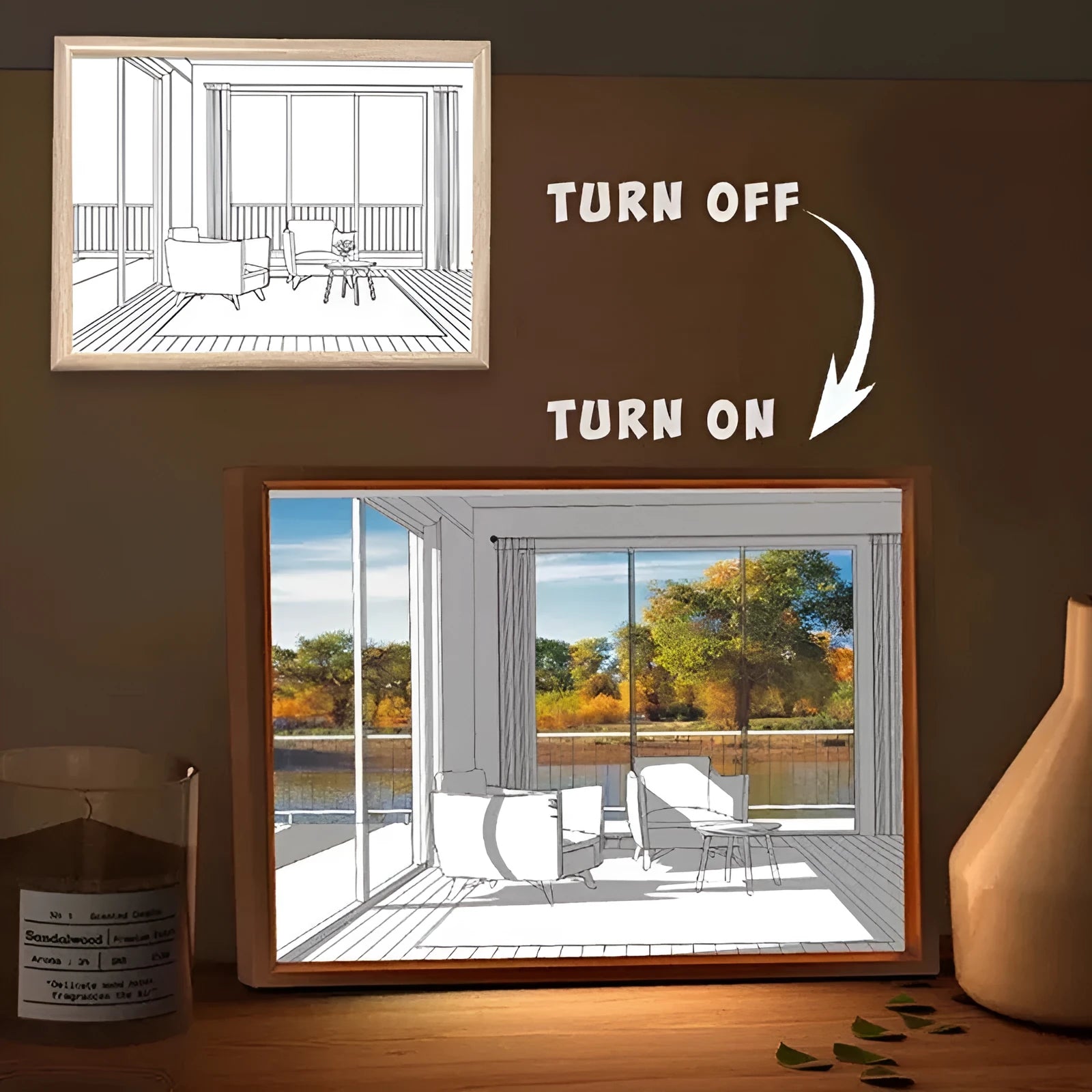 LED illuminated decorative picture light on a bedside table showing a sunny landscape scene.