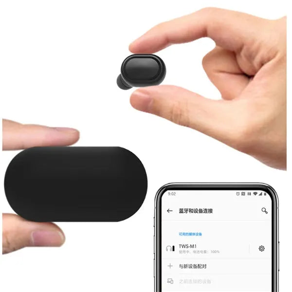 M1 Bluetooth wireless headset with black earbuds showing bilateral stereo design
