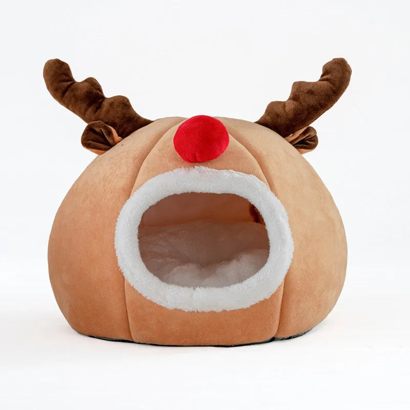Camel coloured pet tent Christmas reindeer kennel with super soft short plush outer and Arctic fleece lining