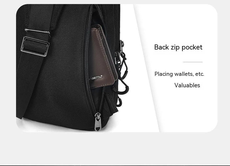 Casual black TPU camouflage chest bag with a single shoulder strap and soft handle, showing a square vertical shape and outer sandwich pocket.