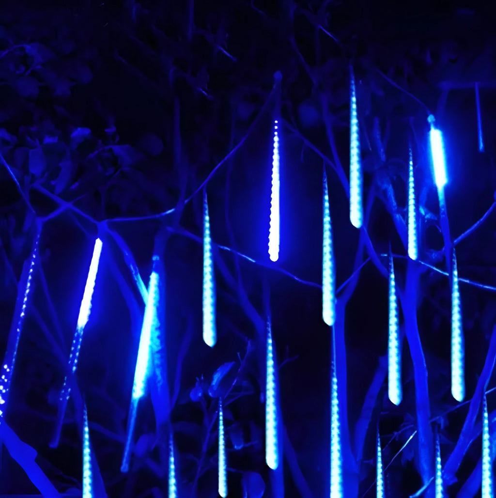 Outdoor waterproof LED meteor shower lights showing falling light effects in blue and white colours