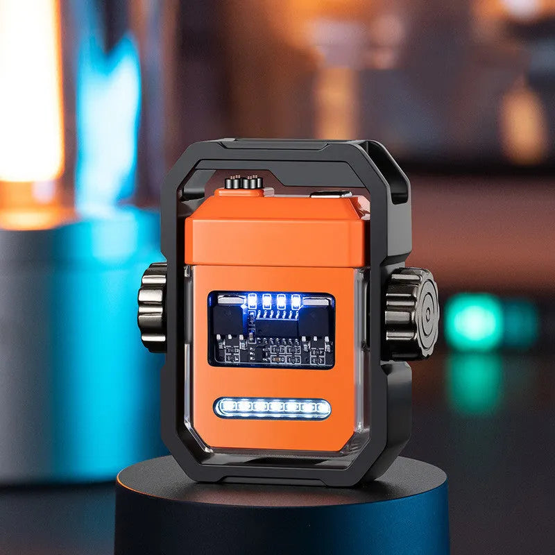 Blue zinc alloy electric lighter with a spinning gyroscope and a visible double ignition arc.