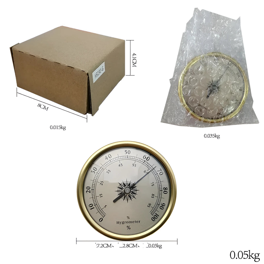 White analog thermometer and hygrometer with aluminium ring and dial for indoor and outdoor use.