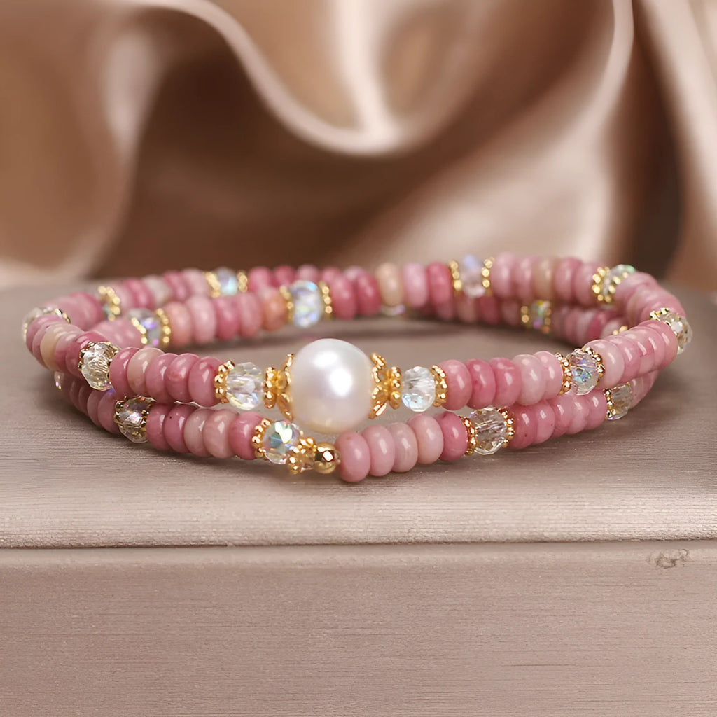 Red hair crystal bracelet for women with chalcedony lotus seedpod pendant and imitation pearl double circle design