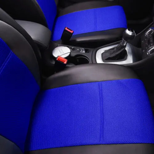 Set of artificial leather car seat covers showing headrest, front seat, and back seat pieces in a choice of colours.
