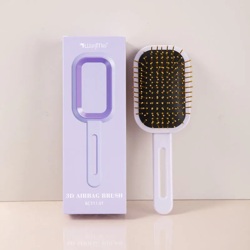 3D air cushion comb with ABS steel needles in boxed gift packaging, over 20cm length, black handle with pink ring