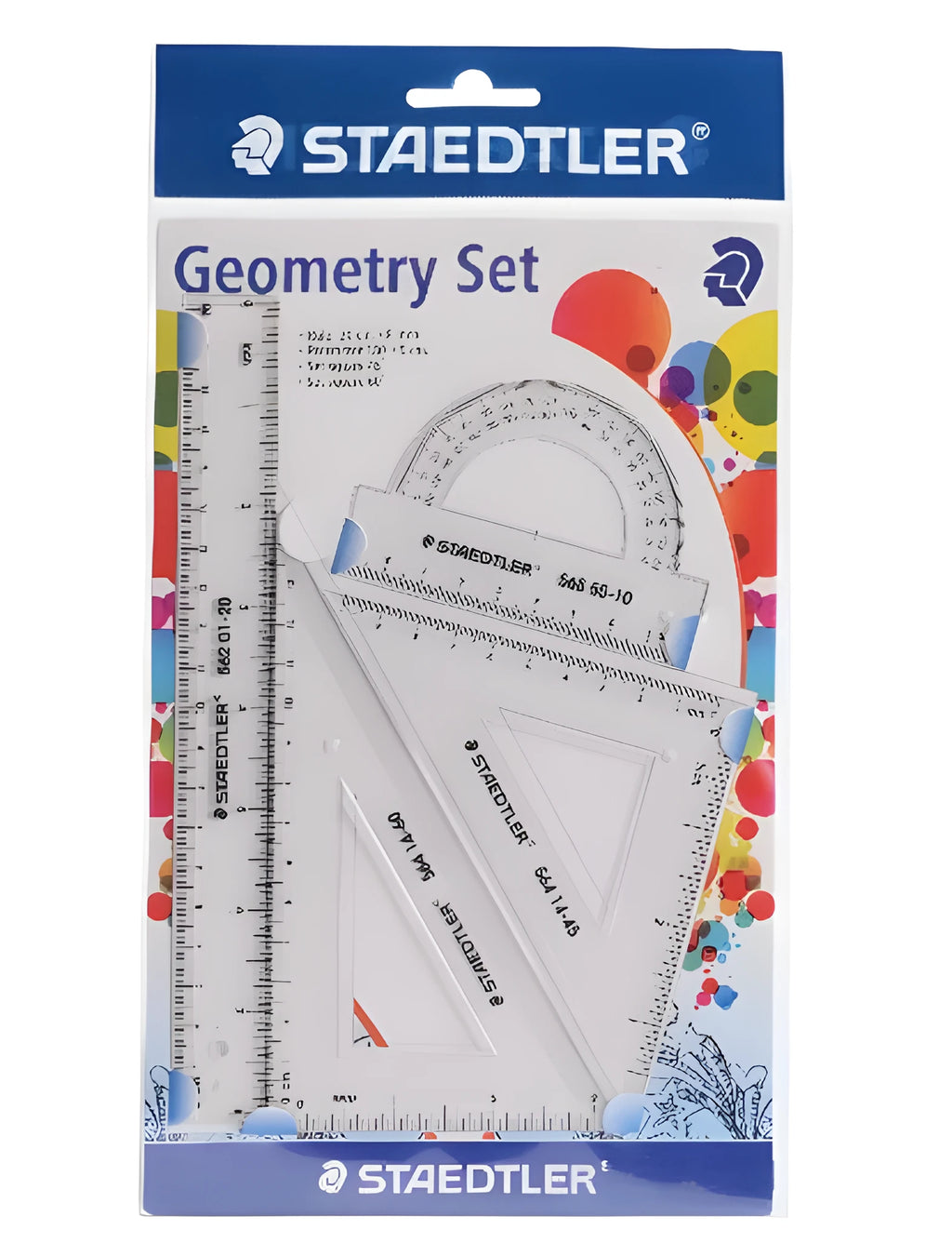 Plastic ruler set with four pieces: 15cm ruler, 30° triangle, 45° triangle, and protractor in transparent plastic.