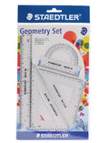 Plastic ruler set with four pieces: 15cm ruler, 30° triangle, 45° triangle, and protractor in transparent plastic.