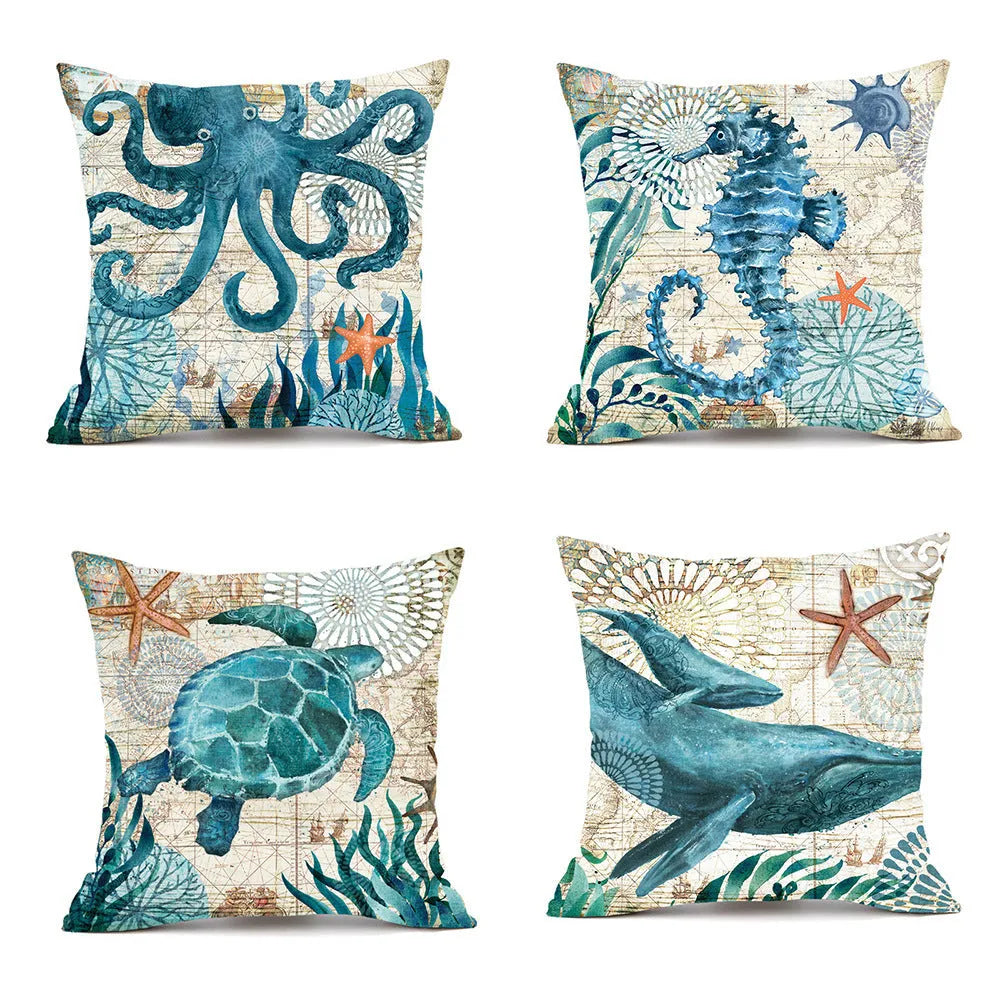Linen cushion cover with sea turtle pattern measuring 45x45cm with invisible zipper