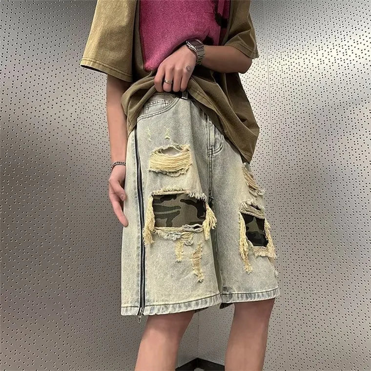 Men's straight-leg ripped camouflage denim shorts in yellow mud colours showing Korean style design