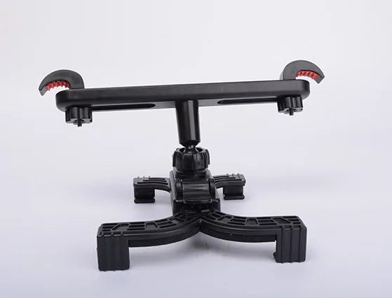 Black universal car tablet holder with adjustable steel mount attached to a car headrest.