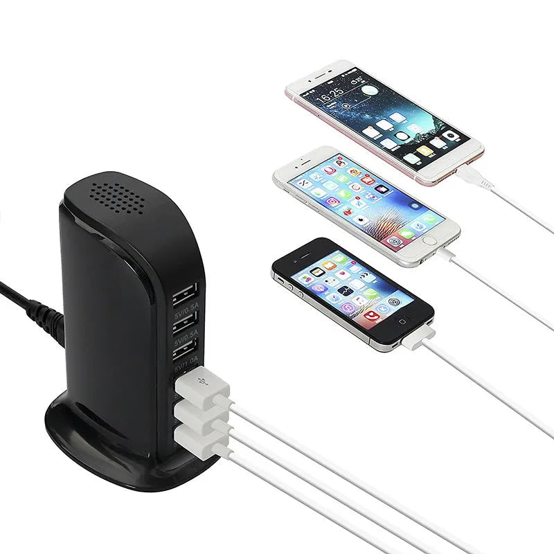 30W vertical 6-port USB charger with UK plug, black, 77x65x110mm