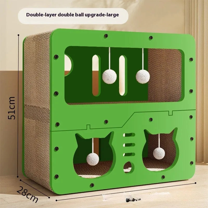 Wear-resistant cat scratching board attached to a double-layer enclosed cat nest in a cute owl design style.