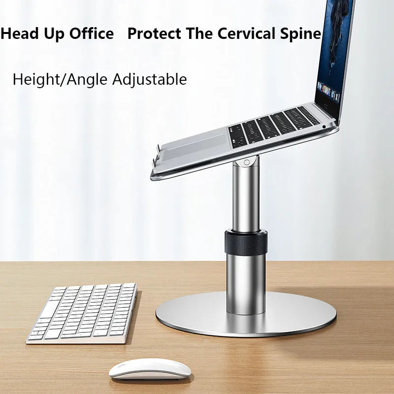 Silver aluminium car laptop stand with adjustable height and rotating pole