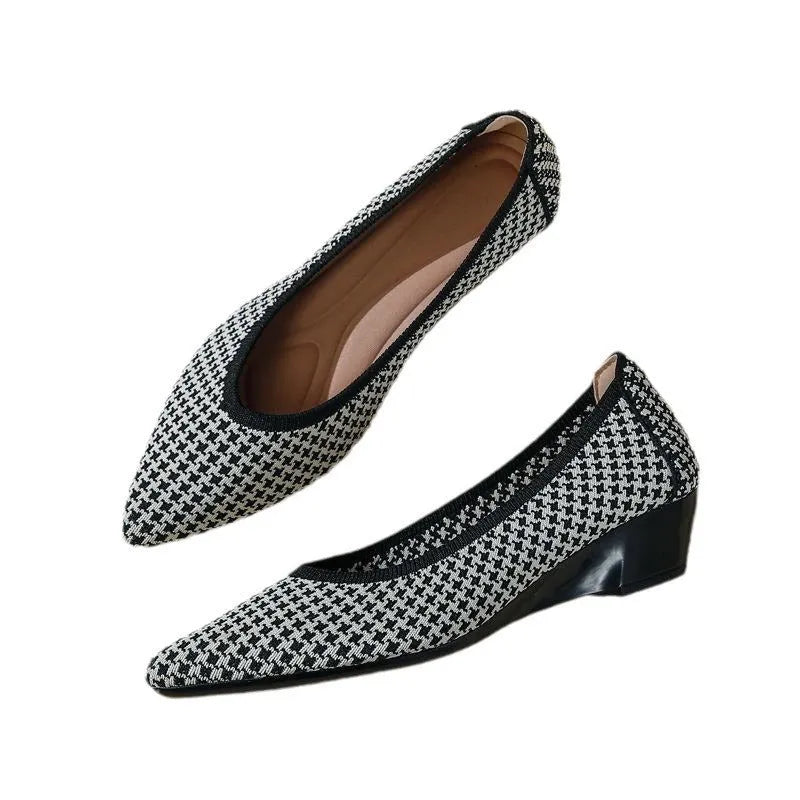 Women's pointed toe wedge pumps with mesh upper and low rubber sole in leopard brown colour