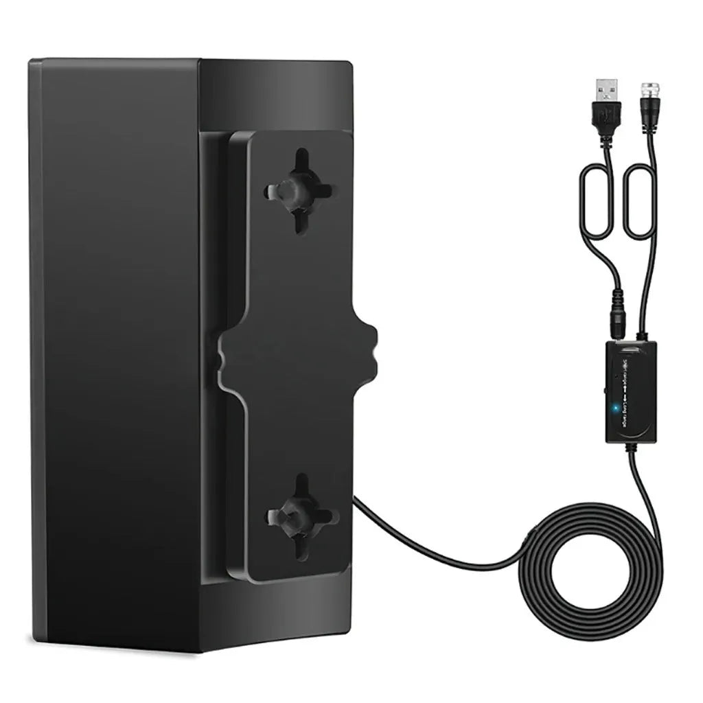 Black plastic indoor digital television antenna with mounting accessories on a white background.