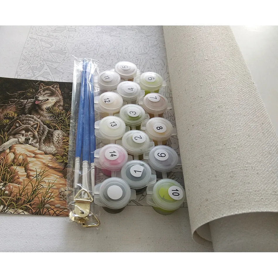 Paint by numbers kit showing 40x50cm linen canvas with landscape design, acrylic paints, and optional wooden frame