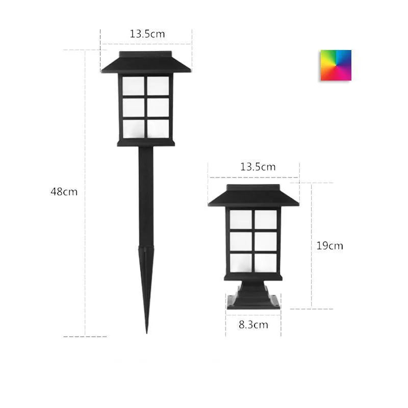 Black solar-powered LED lawn light for outdoor garden and pathway illumination.